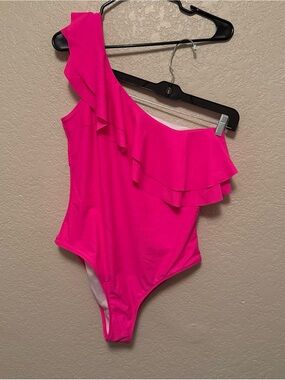 One-Shoulder Hot Pink Ruffle One-Piece Swimsuit